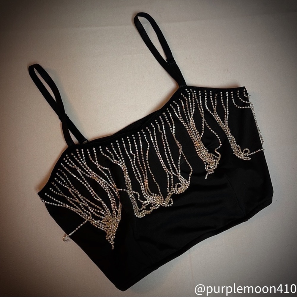 Rhinestone rainfall top. Shown with dynamic mini